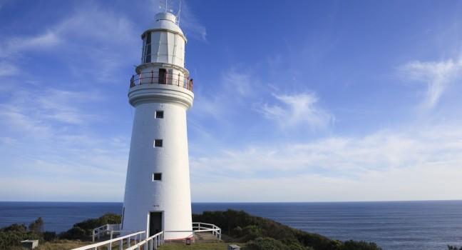 Cape Otway Lighthouse with a clear blue sky, Great Ocean Road, Australia