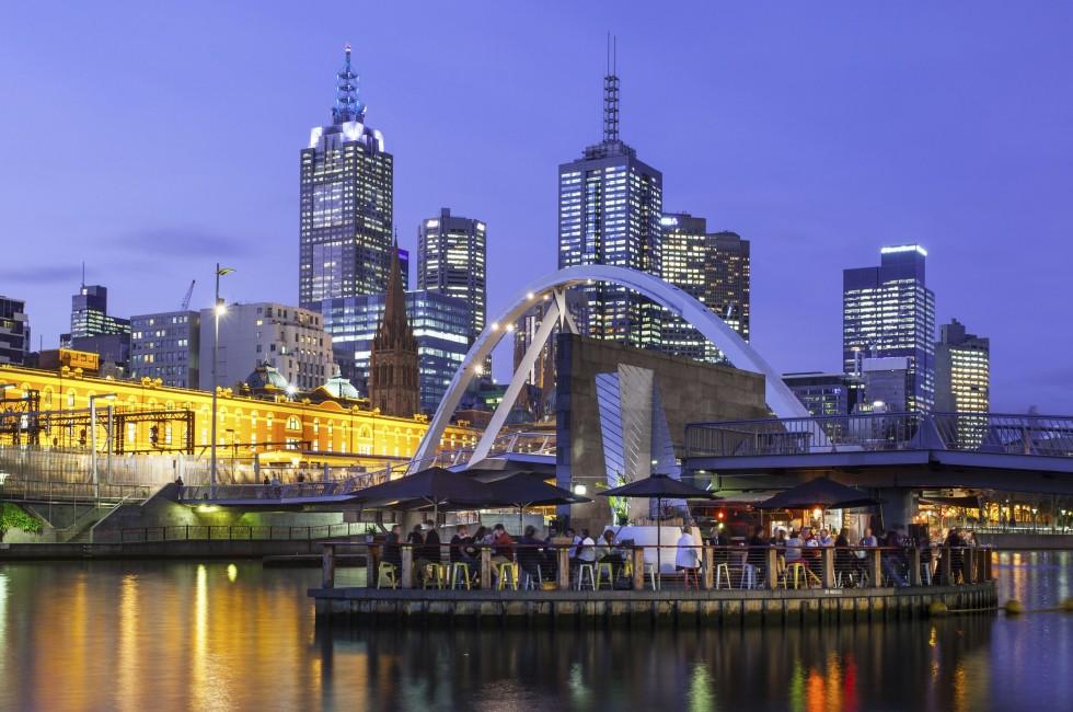 Melbourne's famous skyline from Southbank towards Flinders St Station in Melbourne, Victoria, Australia 