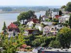 Hamburg, Germany - Blankenese, famous suburb of narrow pedestrian paths and stairways. View with Elbe river. District of Altona.