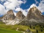 The three peaks of the Sassolungo (Langkofel) in the Dolomites, Italy.
