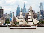 Picton Castle, a 179&#x2019; long, 284-ton, three-masted barque sails in front of the Independence Seaport Museum (formerly the Philadelphia Maritime Museum) in the Penn's Landing complex along the Delaware River during Parade of Sails as part of Tall Ship