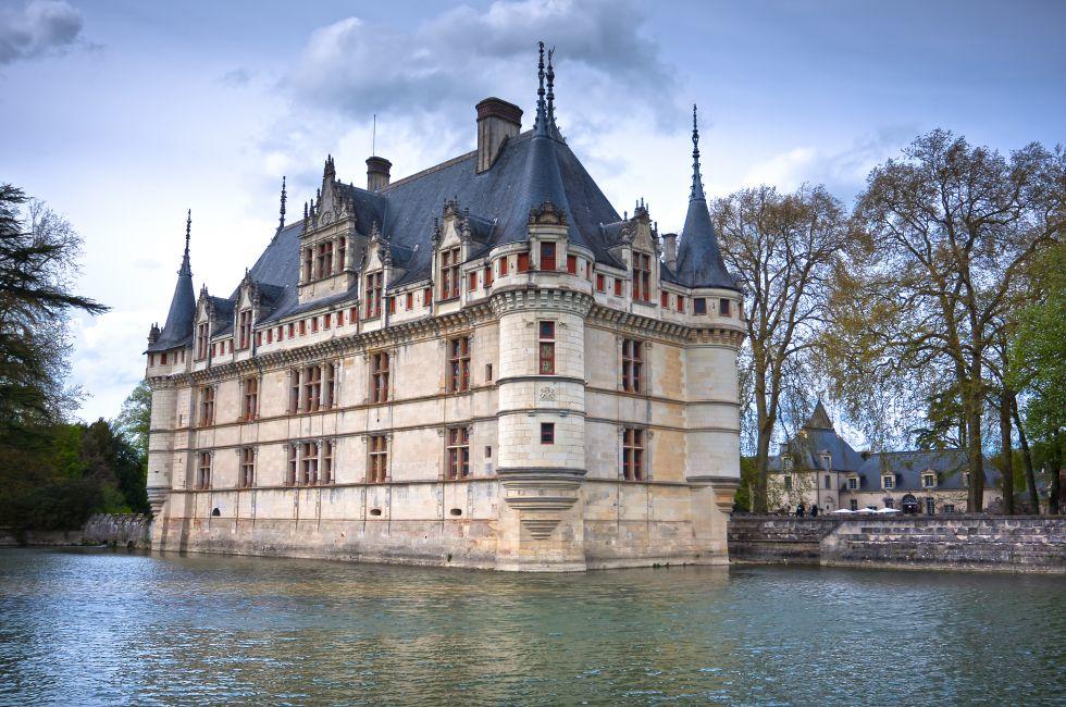Azay-le-Rideau castle, Loire Valley, France. This castle was built in the XVIth century on an island among the Indre river.; 