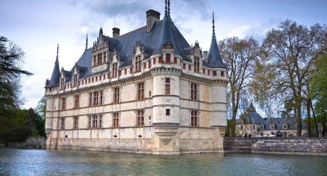Azay-le-Rideau castle, Loire Valley, France. This castle was built in the XVIth century on an island among the Indre river.; 