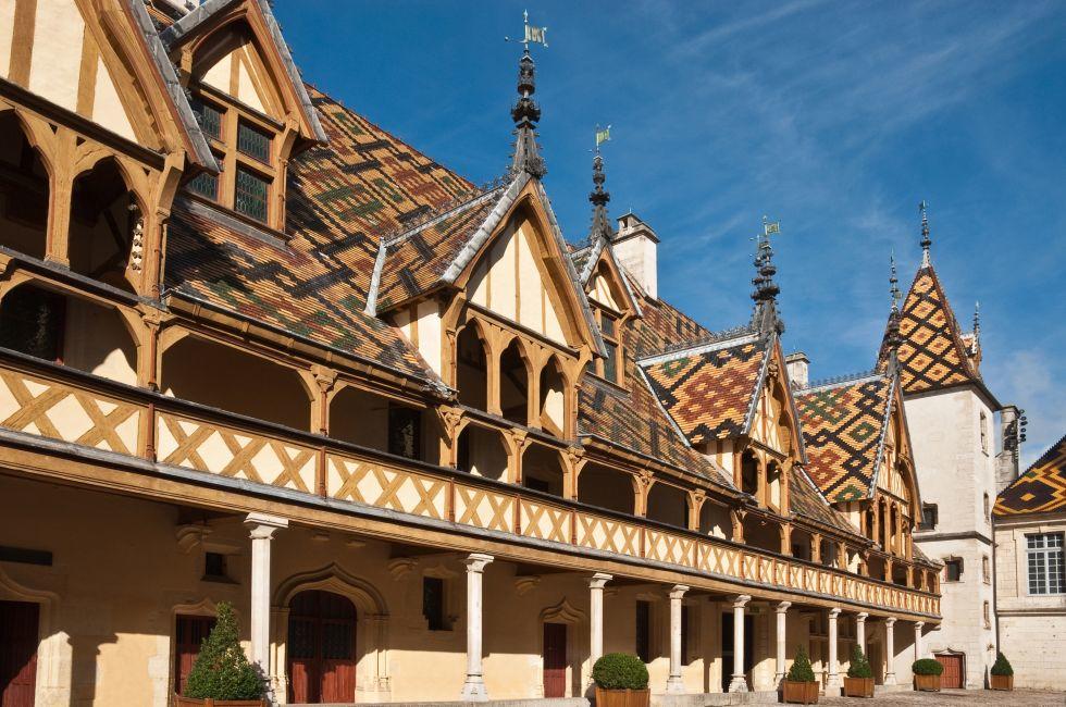 Famous hospice (Hotel Dieu) in Beaune, France; 