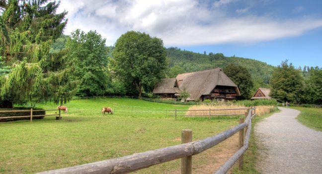 Schwarzwald forest villages landscape. Black Forest Open Air Museum Vogtsbauernhof, Gutach, Germany.