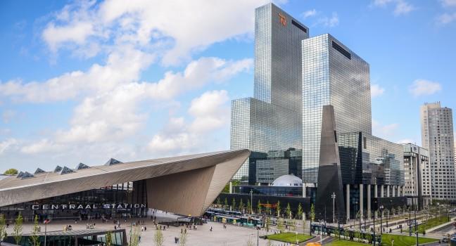 ROTTERDAM, NETHERLANDS - May 9, 2014: Downtown Rotterdam, Netherland's second largest city with the upgraded and modern Central Station, taken on May 9, 2014 in Rotterdam, Netherlands 