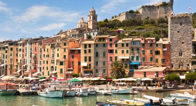 View of town Portovenere from sea, Italy. Summer landscape; 