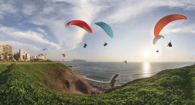 LIMA, PERU: paragliding in Miraflores.; 