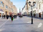 MOSCOW, RUSSIA - OCTOBER 13: panorama of Nikolskaya street in Moscow, Russia on October 13, 2013. This historic street connects Red Square and Lubyanka Square and it became pedestrian area in 2013.
