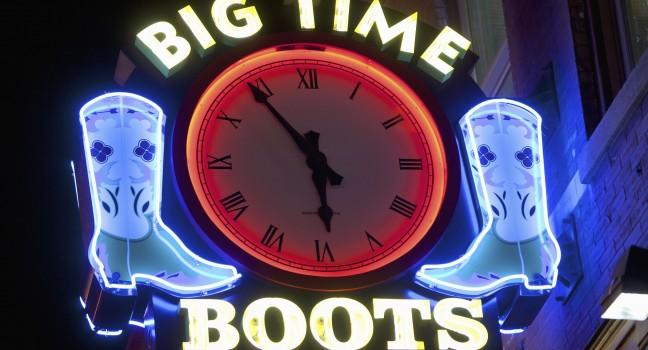 NASHVILLE - DECEMBER 03: Big Time Boots neon sign on Lower Broadway Area on December 03, 2012 in Nashville, Tennessee, USA.
