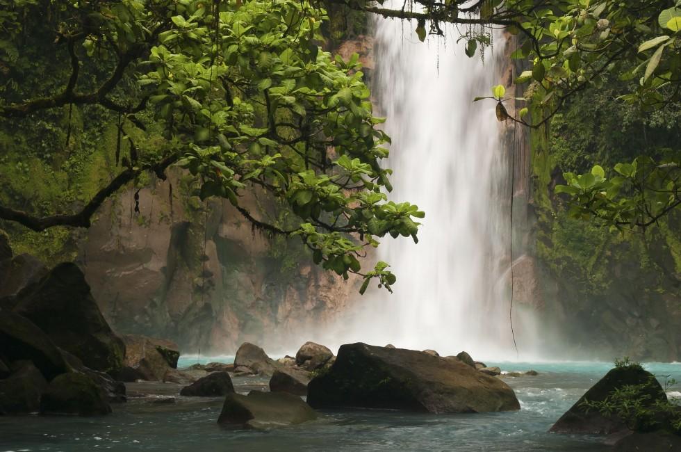Celestial blue waterfall in Costa Rica; 