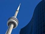 CN Tower against bright blue sky, Toronto, Canada; 