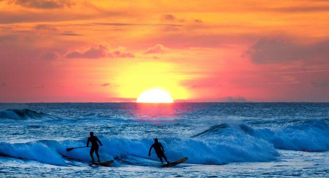 Sunset Surfer at sunset on Resort Beach of Kauai Hawaii