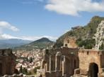The Greek theatre with Mount Etna behind, Taormina, Messina Province, Sicily, Italy; 