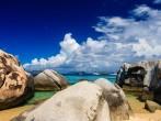 Looking our at sailboats over boulders at The Baths, Virgin Gorda, British Virgin Islands
