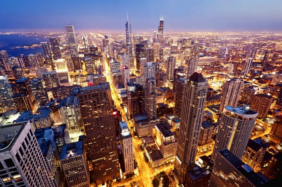 City of Chicago. Aerial view  of Chicago downtown at twilight from high above.