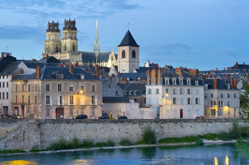 View to the embankment of Loire river and Cathedral in Orleans, France; 