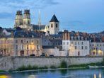 View to the embankment of Loire river and Cathedral in Orleans, France; 