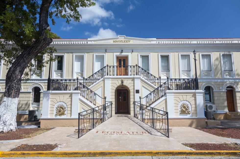 Ornate entrance to Legislature of US Virgin Islands in Charlotte Amalie, which governs the US Virgin Islands