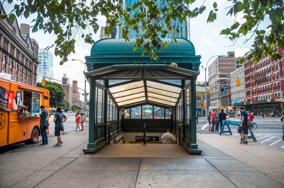 The 6 train subway station at Astor Place in Manhattan on Aug 2, 2013. This 1904 station is one of the original 28 in the system and is a Registered Historic Place.