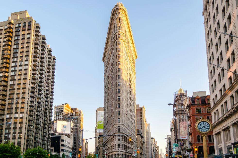 The Flatiron Building, New York, circa May 2013. The Flatiron building is considered to be one of the first skyscrapers ever built. It was completed in 1902.