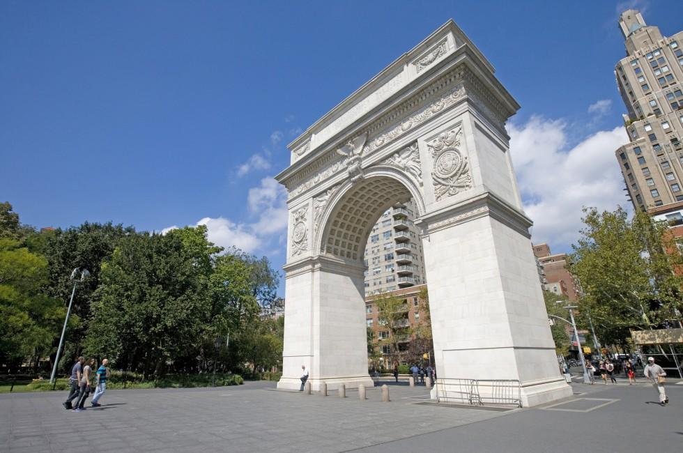 NEW YORK CITY - SEPTEMBER 13: Washington Square Arch built in 1892 to commemorate George Washington centennial inauguration as president, September 13, 2010 in New York, NY.