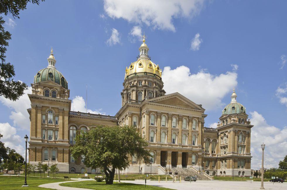The Iowa State Capitol is the state capitol building of the U.S. state of Iowa. Housing the Iowa General Assembly, it is located in the state capital of Des Moines at East 9th Street and Grand Ave.; Shutterstock ID 58254802; Project/Title: AARP; Downloader