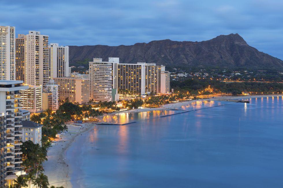 Scenic view of Honolulu city, Diamond Head and Waikiki Beach at night; Hawaii, USA; Shutterstock ID 148974455; Project/Title: Photo Database Top 200; Downloader: Jennifer Romains