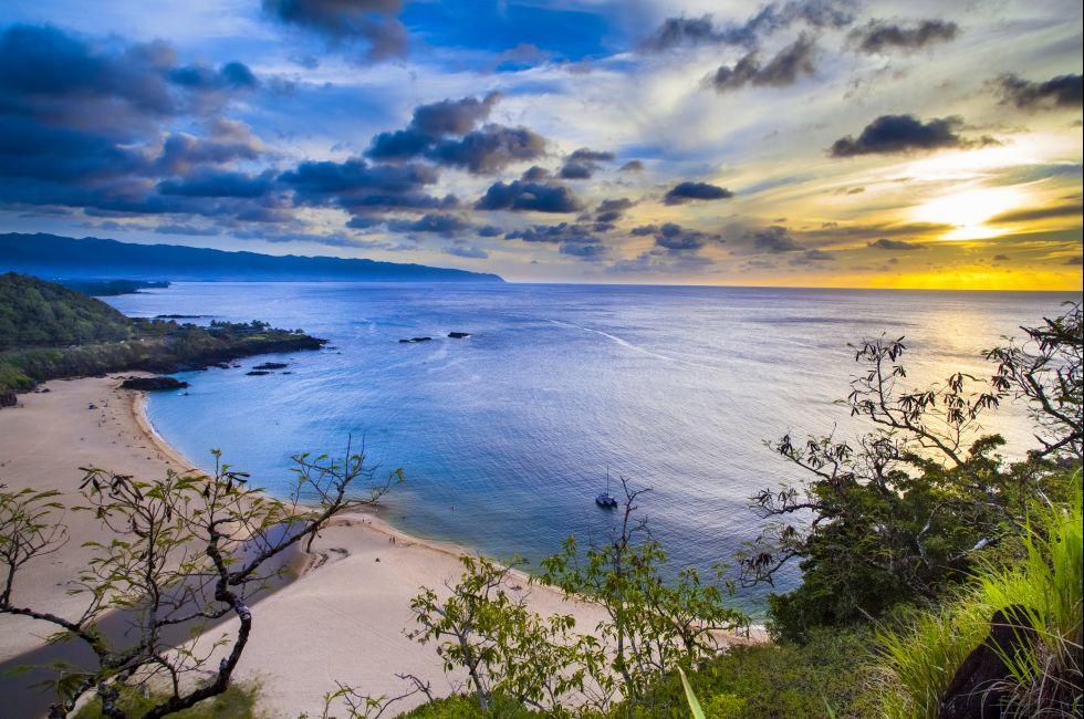 Sunset from above Waimea Bay on Oahu, Hawaii's North Shore.