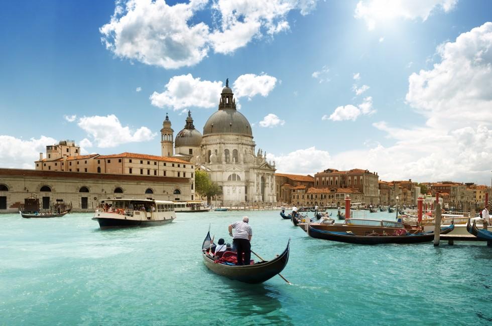 Grand Canal and Basilica Santa Maria della Salute, Venice, Italy and sunny day.