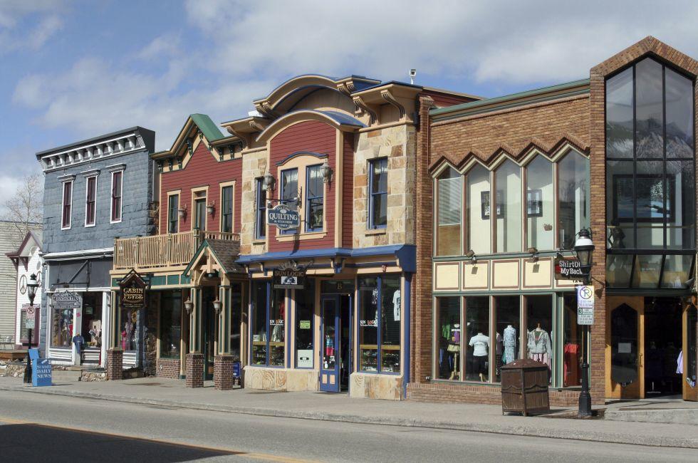 Historic buildings line the main street of Breckenridge, Colorado, USA. Breckenridge is a popular tourist destination year round, offering world class skiing and quaint shopping opportunities.