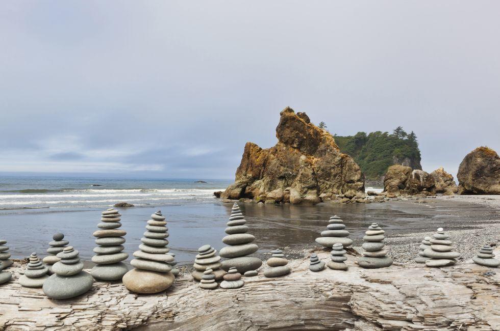 Stacked stones on Ruby beach, Forks, Washington, United States