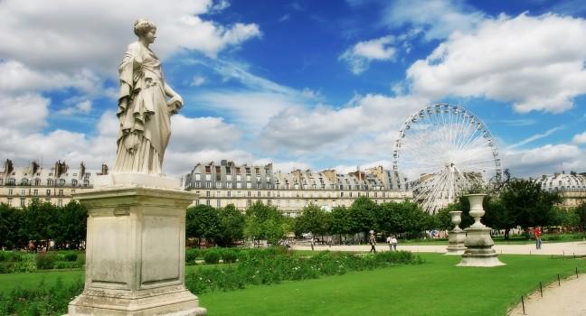 Sculptures in famous Tuileries Garden (Jardin des Tuileries) near Louvre museum in Paris, France.