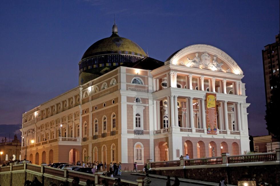 MANAUS - JUL 28: Amazon Theatre at night on July 28, 2010 in Manaus, Brazil. The opera house was built when fortunes were made in the rubber boom.;