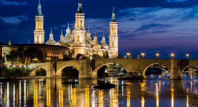 View of Our Lady of the Pillar at twilight in Zaragoza, Aragon