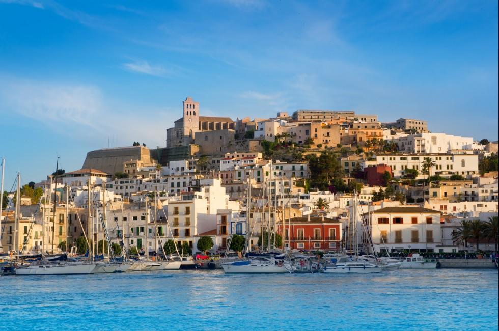 Ibiza Eivissa town with blue Mediterranean sea city view;  