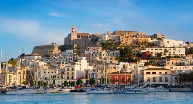 Ibiza Eivissa town with blue Mediterranean sea city view;  