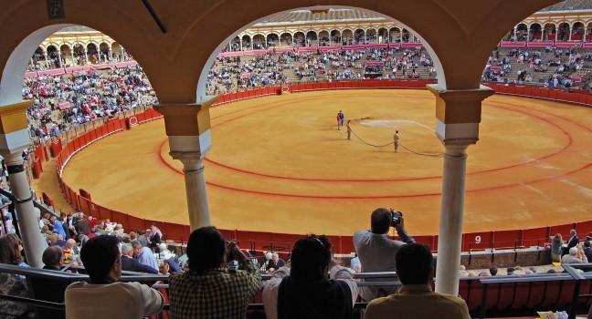 SEVILLE - APRIL 30:The ring is prepared as the spectators enter the stadium at the Plaza de Toros de Sevilla April 30, 2009 in Seville, Spain. 