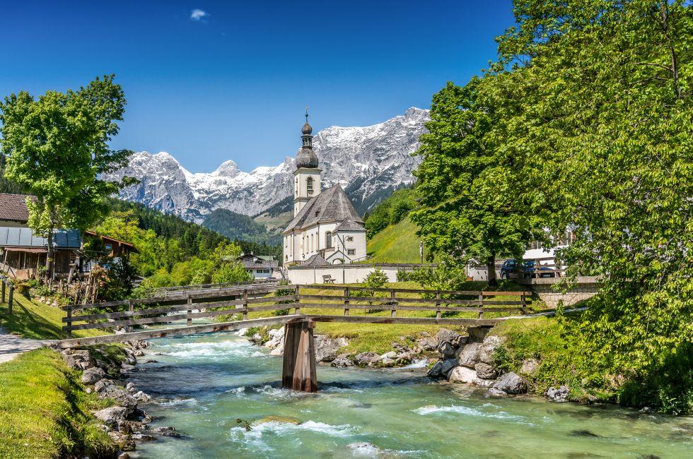 Scenic mountain landscape in the Bavarian Alps with famous Parish Church of St. Sebastian in the village of Ramsau, Nationalpark Berchtesgadener Land, Upper Bavaria, Germany