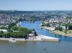 Koblenz, Germany; An elevated view of Koblenz and the German Corner (Deutsches Eck) where the rivers Rhine and Mosel meet.; 