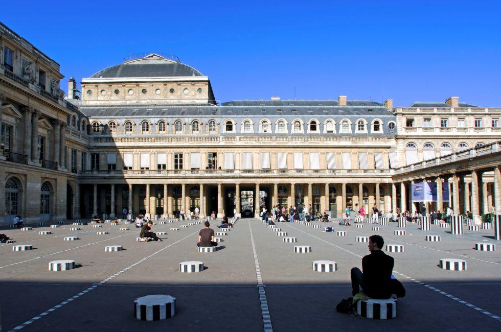 France, Paris: famous places, Palais Royal, the famous white and black sculptures made by the contemporany sculptor Buren sculptures