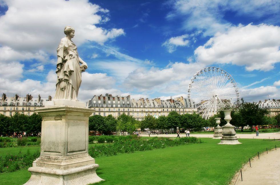 Sculptures in famous Tuileries Garden (Jardin des Tuileries) near Louvre museum in Paris, France.