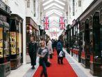 Inside view of Burlington Arcade, 19th century European shopping gallery, behind Bond Street from Piccadilly through to Burlington Gardens, opened in 1819 for the sale of jewellery and fancy articles.