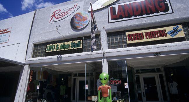 international; ufo; research; roswell; historic; aliens; extraterrestrial; extraterrestrials; mystery; exterior; sign; worm's eye; up shot