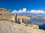 Island of Pag old desert ruins and bridge panorama view, Dalmatia, Croatia
