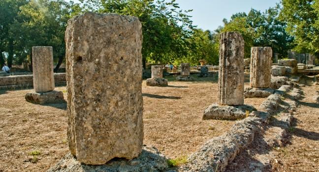 Row of ancient columns at Olympia;  
