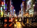 Busy streets of Ginza at night, Tokyo's most famous upmarket shopping area.