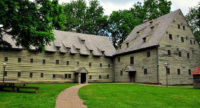 Saron (Sisters' House) and 1741 fachwerk Saal (Meeting House), Ephrata Cloister, Ephrata, Pennsylvania Dutch Country, Pennsylvania, USA.