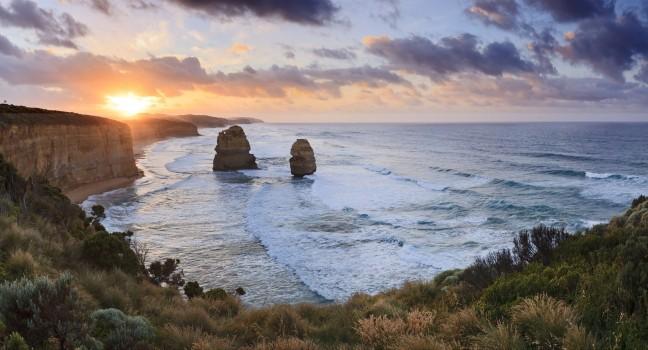 2 apostles panoramic view from lookout at the Great Ocean Road ,  Victoria, Australia, sunrise.