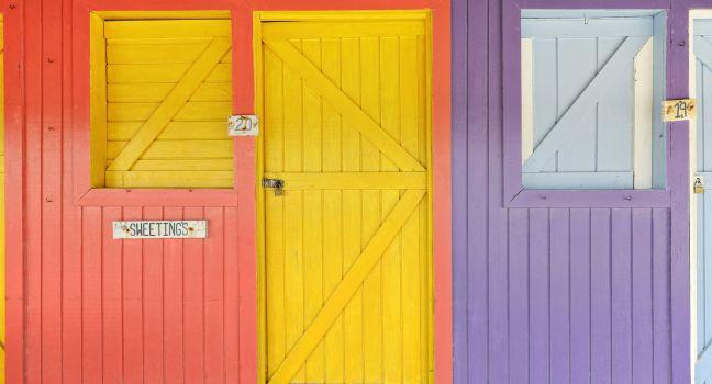 Colorful wooden shops in Bannerman Town, Eleuthera, Bahamas, Caribbean